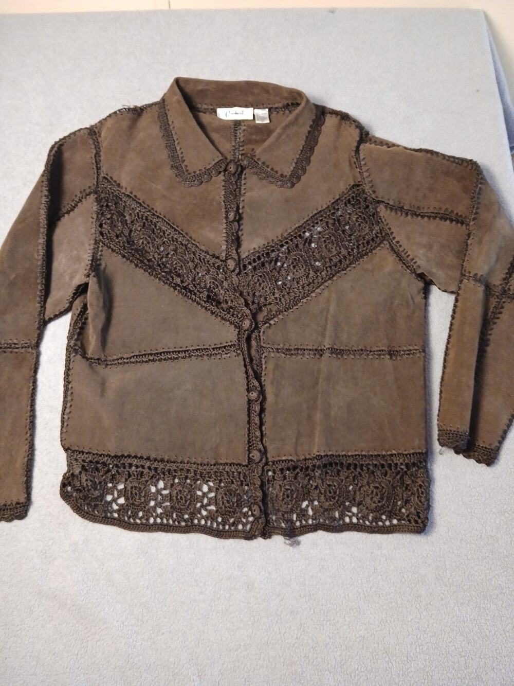 Carducci Mocha Suede Leather Womens Jacket Crochet Trim Button Up